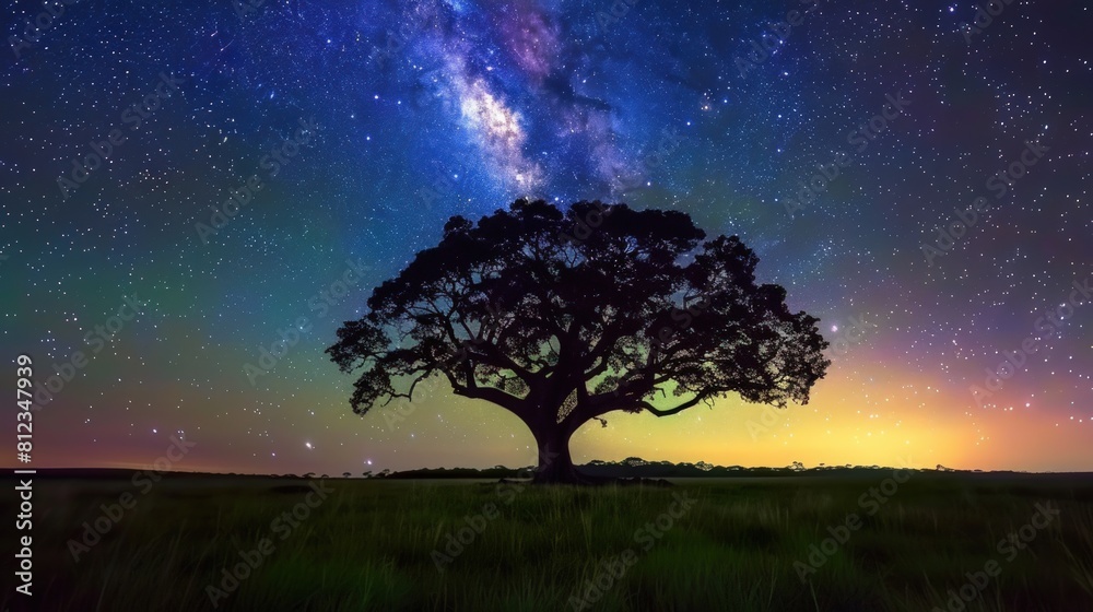 A towering tree stands proudly in a vast green grassland. A towering tree stands proudly in a vast green grassland.