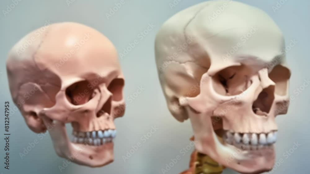 Two anatomical skulls are positioned side by side against a neutral background, offering a comparative view of their structure. Two anatomical skulls are positioned side by side against a neutral background, offering a comparative view of their structure.