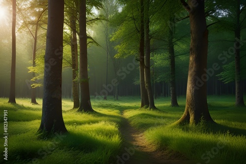 Beautiful green summer forest. Spring background, backdrop. Generative AI 
