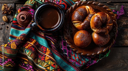 Capture an aerial perspective of chocolate infused sweet bread guaguas alongside a steaming cup of colada morada An authentic Ecuadorian delicacy enjoyed during the Day of the Dead festiviti
