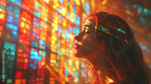 A young woman stands in a cathedral, her face upturned in awe at the stained glass windows