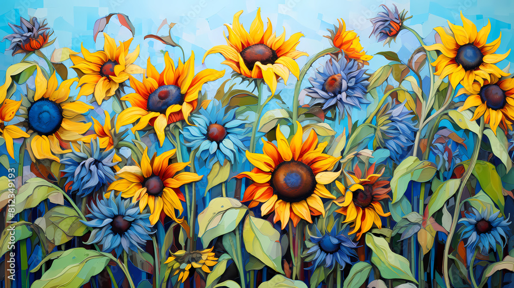 Impressionist blue sunflowers illustration background poster decorative painting
