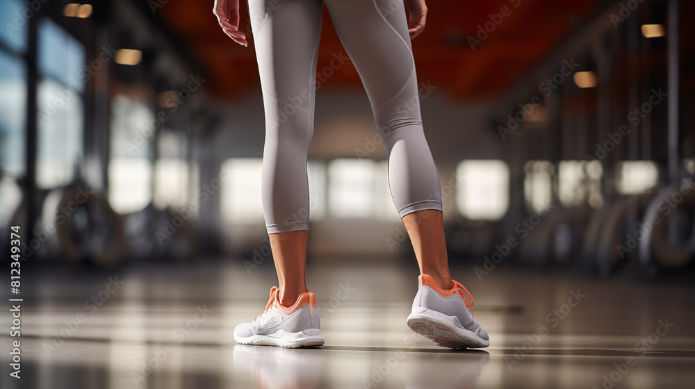 woman leg wearing shoes standing in the gym with copy space for Commercial Photography woman leg wearing shoes standing in the gym with copy space for Commercial Photography