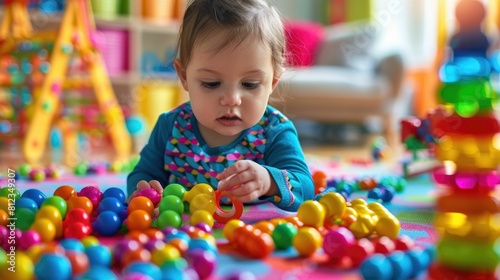 Vibrant and Playful Toddler Exploring Colorful Toys and Educational Activities in a Stimulating Indoor Preschool Environment