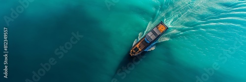 An aerial top-down view of a single cargo ship sailing through deep blue ocean water, concept of maritime transport