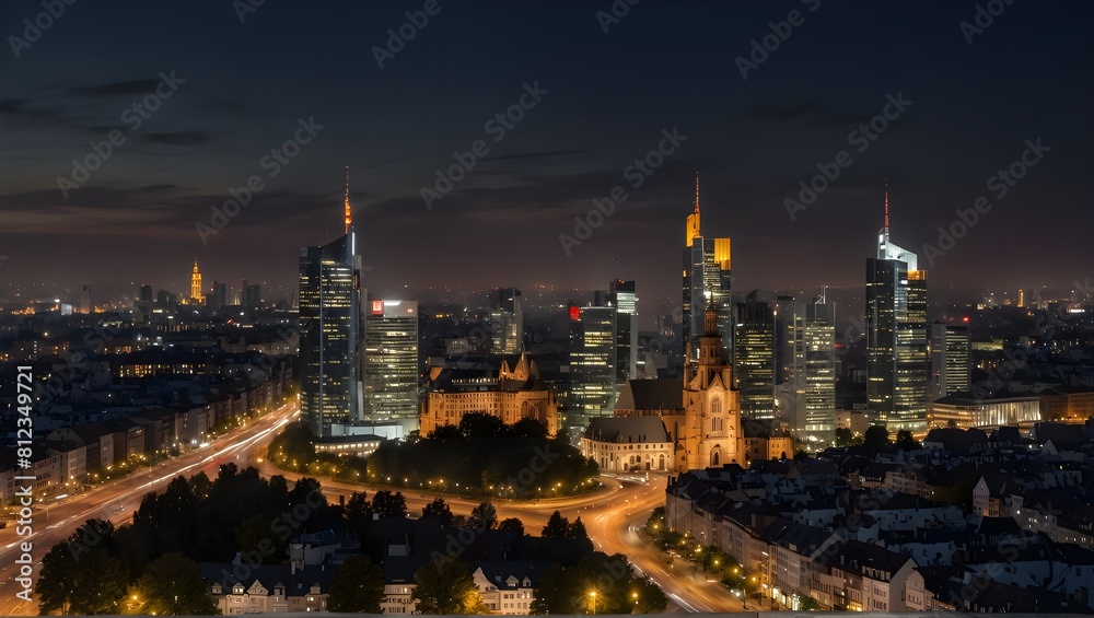Obraz premium High resolution aerial panoramic view of Frankfurt, Germany after sunset.