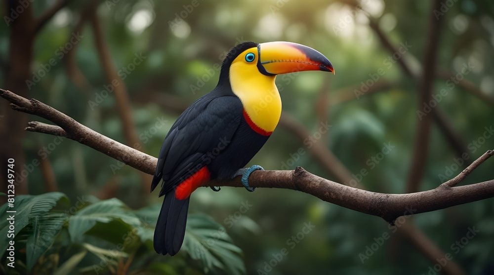 Obraz premium Toucan on branch in nature background African savannah.generative.ai