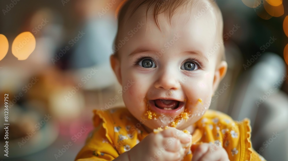 Joyful Baby Experiencing First Tastes and Textures of Nutritious Food Joyful Baby Experiencing First Tastes and Textures of Nutritious Food