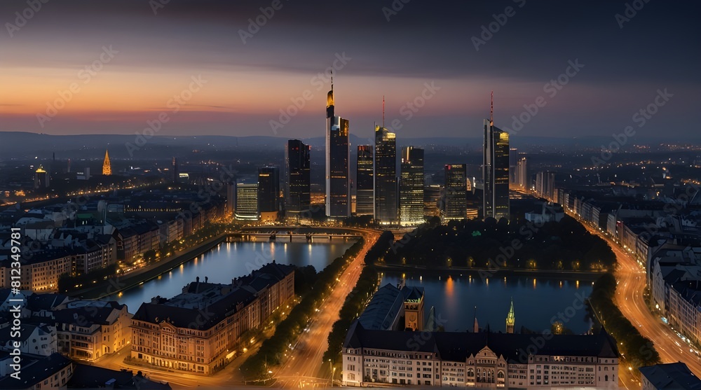 High resolution aerial panoramic view of Frankfurt, Germany after sunset. Generative AI