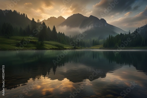 Dramatic morning scene of Lacu Rosu lake. Misty summer sunrise in Harghita County, Romania, Europe. Generative AI  photo