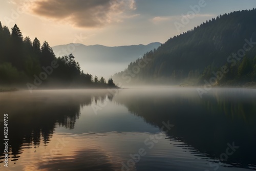 Dramatic morning scene of Lacu Rosu lake. Misty summer sunrise in Harghita County  Romania  Europe. Generative AI 