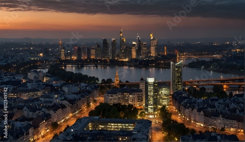 High resolution aerial panoramic view of Frankfurt  Germany after sunset.