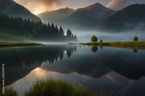 Dramatic morning scene of Lacu Rosu lake. Misty summer sunrise in Harghita County, Romania, Europe. Generative AI 