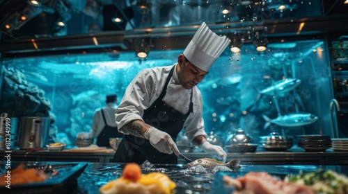 Chef preparing flounder on a floating restaurant dynamic water backdrop photo