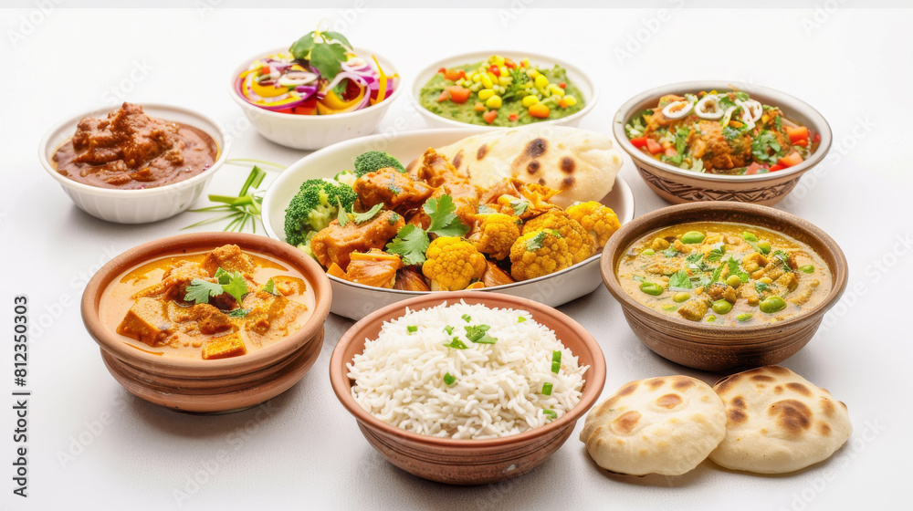 A colorful array of Indian cuisine including rice and naan alongside various dishes A colorful array of Indian cuisine including rice and naan alongside various dishes