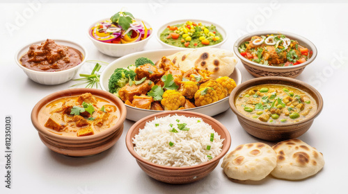 A colorful array of Indian cuisine including rice and naan alongside various dishes