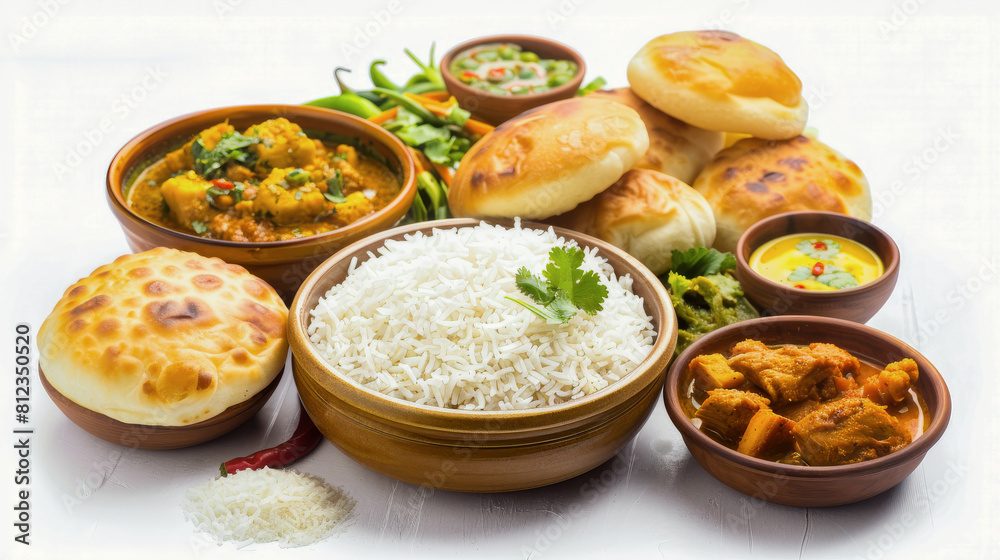 Traditional Indian meal with chicken curry, lentils, and bread, served in terra cotta bowls Traditional Indian meal with chicken curry, lentils, and bread, served in terra cotta bowls