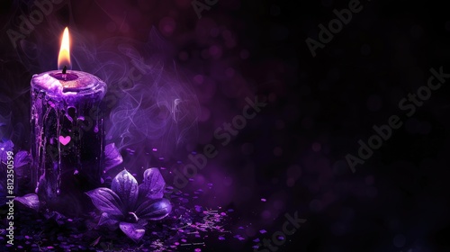 Dark background with violet candle flame for text with funeral elements