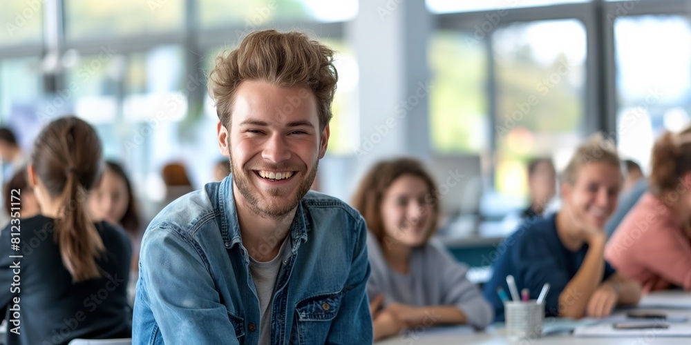 A handsome young man with a bright smile is seen in a classroom context, with peers in soft focus behind him, signaling a collegiate atmosphere A handsome young man with a bright smile is seen in a classroom context, with peers in soft focus behind him, signaling a collegiate atmosphere
