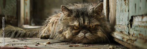 An Enthralling Portrait of an Oddly Adorable, Unkempt Feline Lounging On A Worn-out Rug