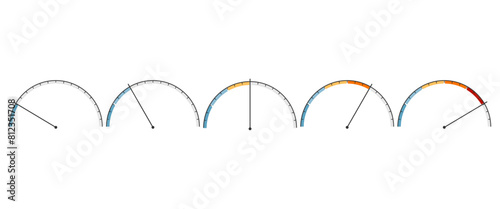 Meter scale with arrow. The temperature measuring device icons set. Sign tachometer, speedometer, indicators. Illustration in flat style. Infographic gauge elements.