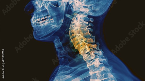 An X-ray blue of a neck with the collar bone joint highlighted in yellow MRI scan of a human neck joint, showing the bones and ligaments. photo