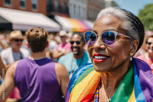 happy black senior gay lesbian woman celebrating pride festival parade summer day photo