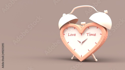People relationships and social concept. Heart shape vintage alarm clock with love time phrase. 3D render
