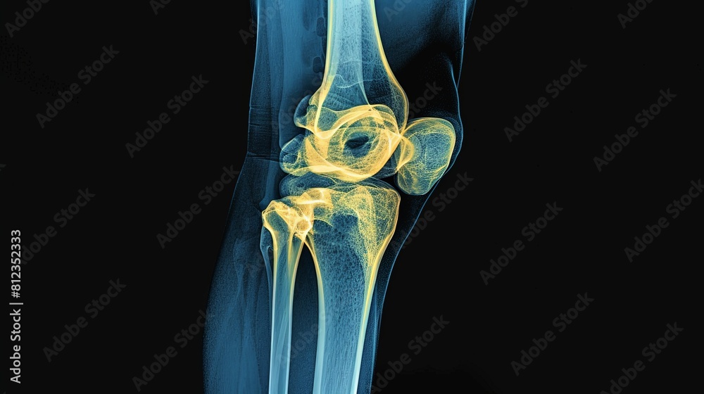 An X-ray blue of a knee with the knee joint highlighted in yellow ,MRI ...