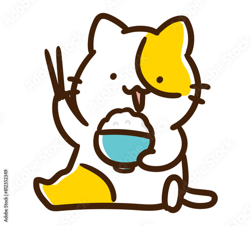 茶碗を持ってご飯を食べるかわいいねこのキャラクターのデフォルメイラスト