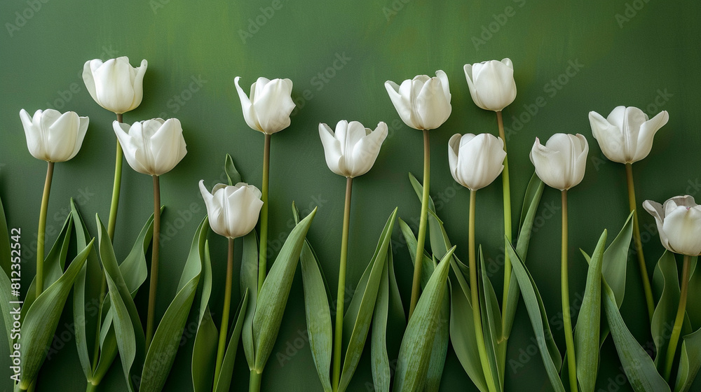 White tulips on green background top view. White tulips on green background top view.