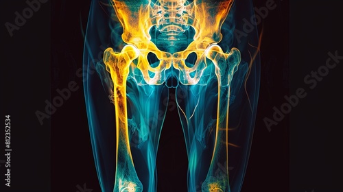 An x-ray of a woman's pelvis shows the bones of the hip and legs. MRI scan of a human pelvis  joint, showing the bones and ligaments. photo