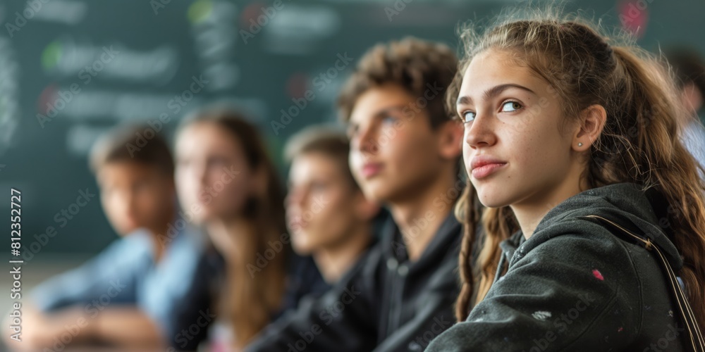 Fototapeta premium A focused group of teenagers attentively listening in a classroom