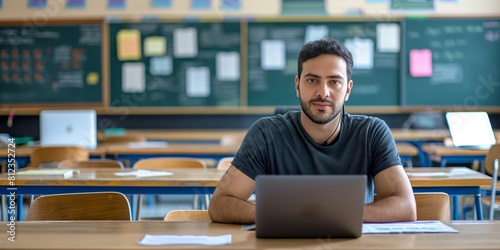 Confident male student with a laptop sitting in an empty classroom photo
