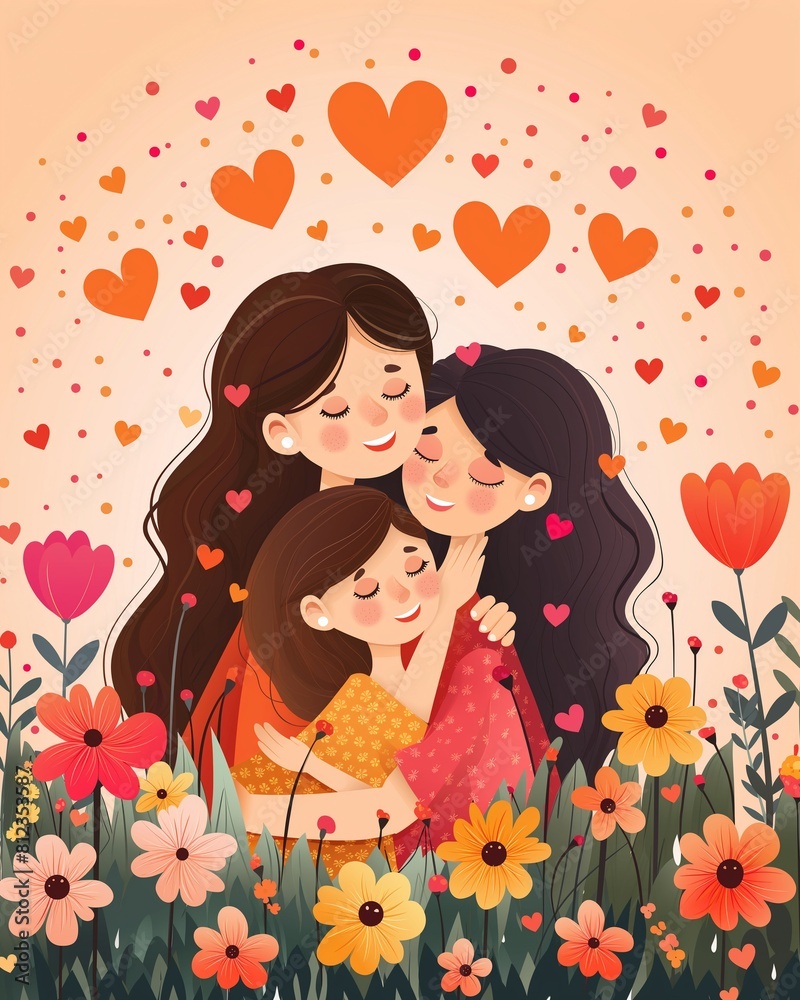 Family Embrace in a Heart-Filled Flower Garden Family Embrace in a Heart-Filled Flower Garden
