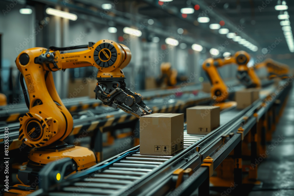 Robot arms in a warehouse preparing boxes for delivery on a conveyor belt.