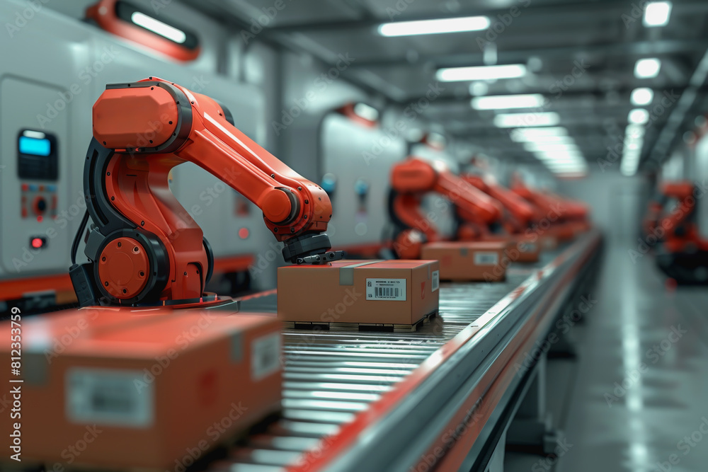 Robot arms in a warehouse preparing boxes for delivery on a conveyor belt. Robot arms in a warehouse preparing boxes for delivery on a conveyor belt.
