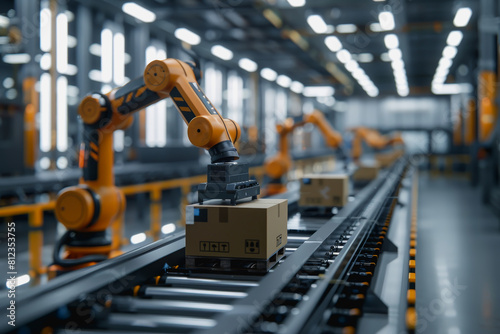 Robot arms in a warehouse preparing boxes for delivery on a conveyor belt.