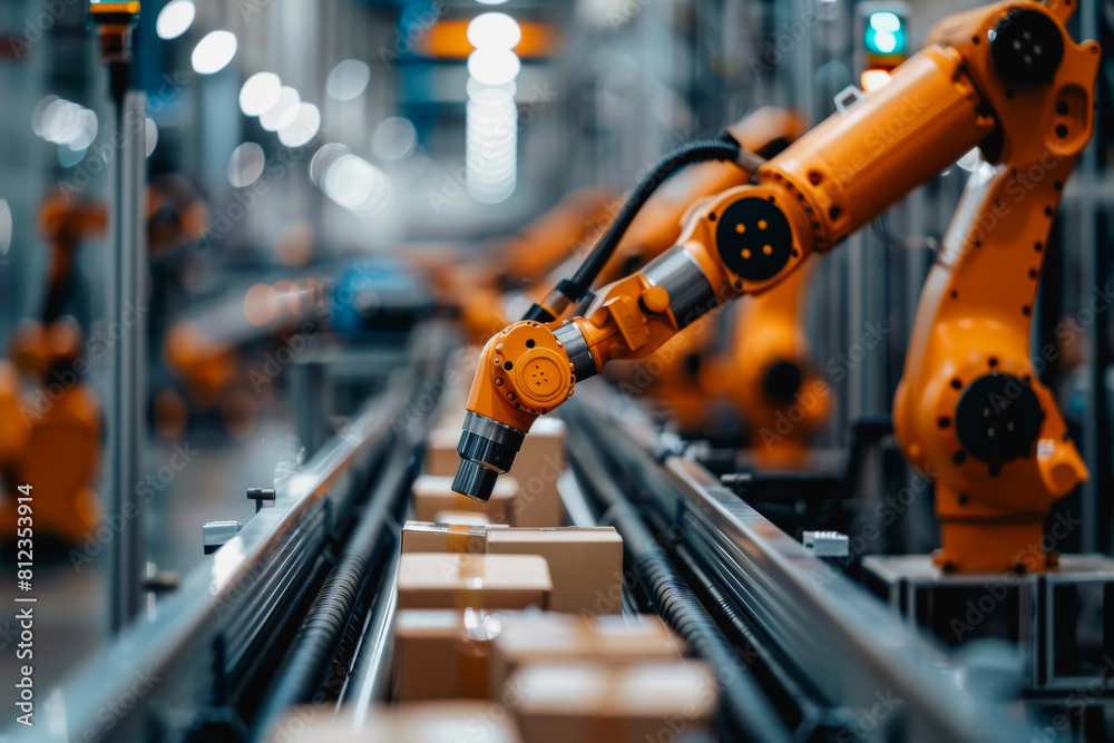 Robot arms in a warehouse preparing boxes for delivery on a conveyor belt. Robot arms in a warehouse preparing boxes for delivery on a conveyor belt.