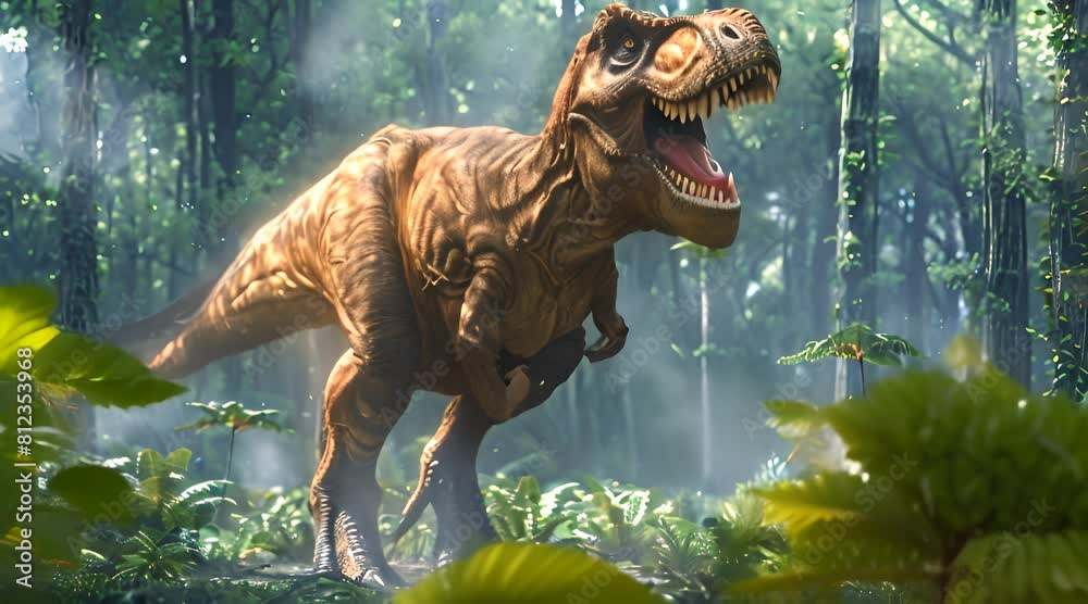 t rex dinosaur walking with its mouth open