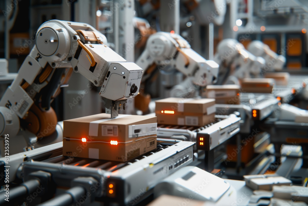 Robot arms in a warehouse preparing boxes for delivery on a conveyor belt.