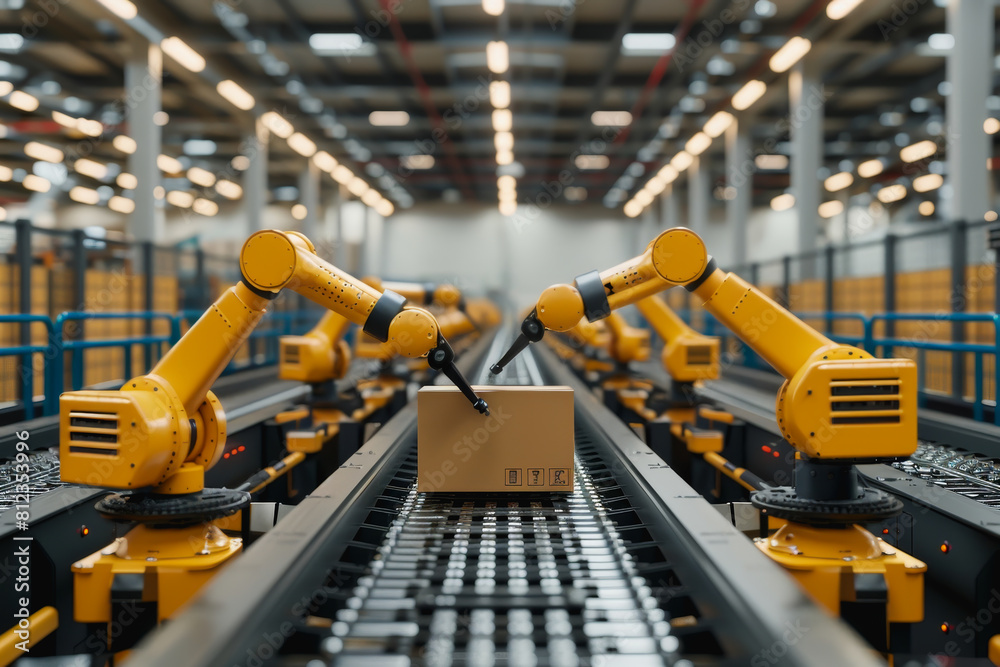 Robot arms in a warehouse preparing boxes for delivery on a conveyor belt.