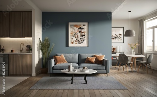 Modern interior design of apartment, empty living room with blank blue wall, dining room with table and chairs, interior background, navy blue color