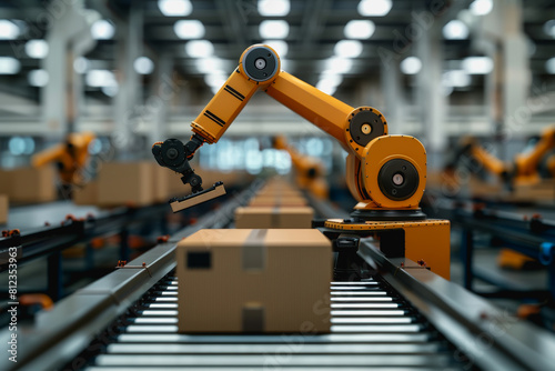 Robot arms in a warehouse preparing boxes for delivery on a conveyor belt.