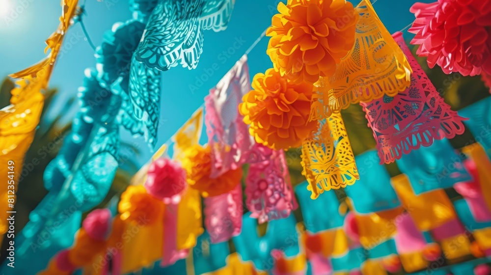 Fototapeta premium Colorful Papel Picado Garland in Tropical Setting