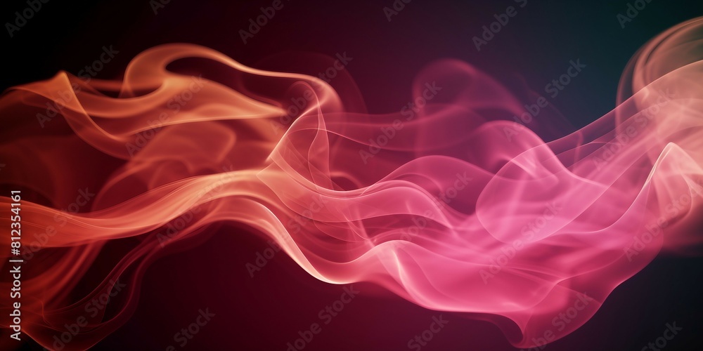 Obraz premium 煙や水の中のインクの質感の抽象横長テンプレート。黒背景にピンクとオレンジの流動体