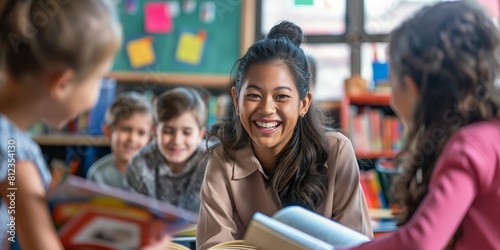 A teacher shares a joyful moment with her students during a classroom activity