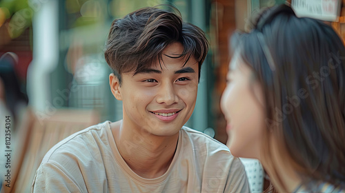 a happy and sincere smile on a young man face. full portrait. handshome and charismatic photo