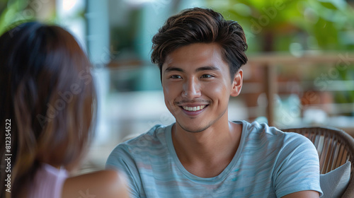 a happy and sincere smile on a young man face. full portrait. handshome and charismatic photo