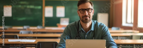 A male teacher sitting alone with his laptop in a modern classroom setting photo